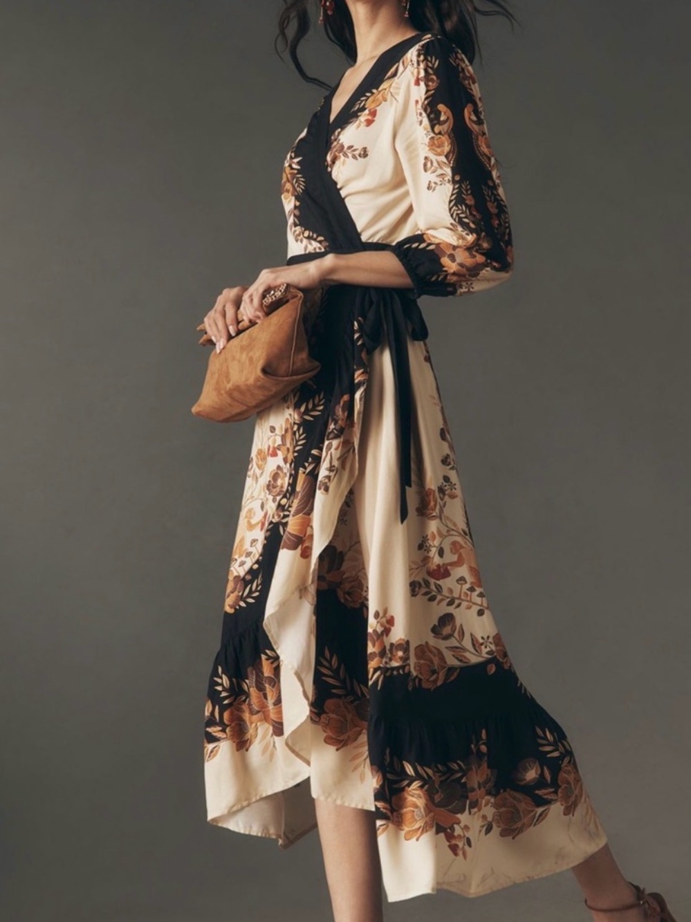 Anthropologie Farm Rio Long Sleeve Floral Wrap Midi Dress Size Medium New - Picture 7 of 13